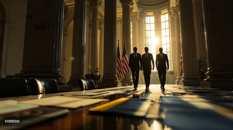 A cinematic editorial photograph capturing the tension of international nuclear negotiations, shot from a dramatic low angle 