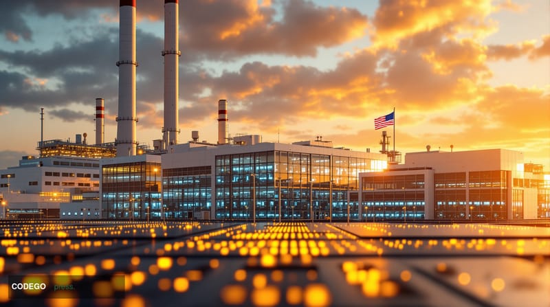 A cinematic editorial photograph showing the exterior of a modern American semiconductor fabrication facility at golden hour,