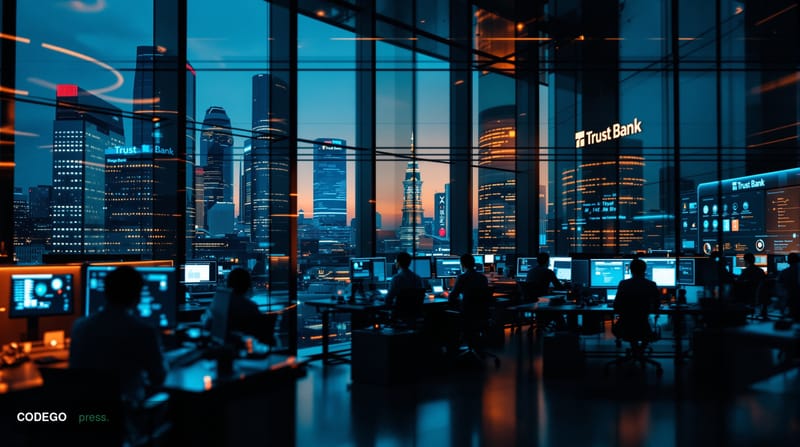 A cinematic editorial photograph showcasing Trust Bank's Singapore headquarters or operations center, captured in dramatic ch