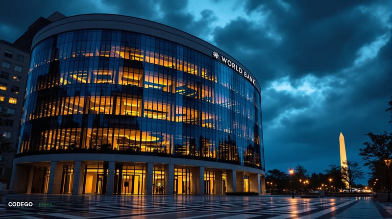 A dramatic photorealistic editorial photograph capturing the World Bank headquarters building in Washington D.C. during a ten