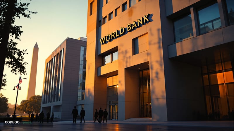 Photorealistic editorial photograph of the World Bank headquarters in Washington D.C., featuring the distinctive modernist ar