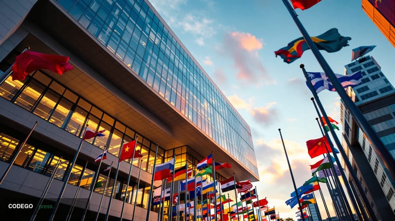 A dramatic photorealistic editorial photograph of the World Bank headquarters building in Washington D.C., shot from a low an