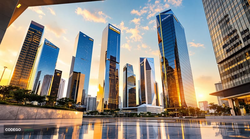 A photorealistic editorial photograph showing a modern Southeast Asian financial district with glass skyscrapers reflecting g