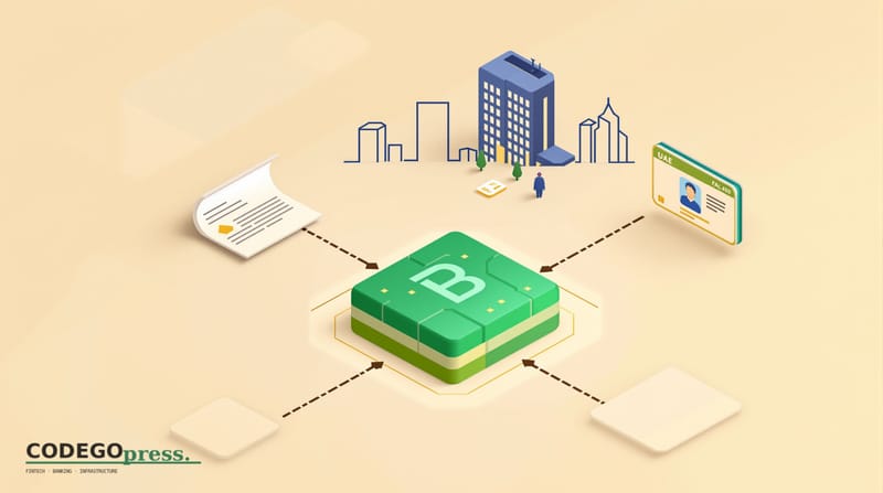 Flat 3D isometric vector editorial illustration showing a blockchain ledger block (with geometric segments, no text) in the c