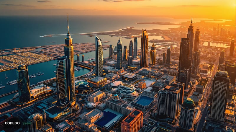 A dramatic aerial view of Abu Dhabi's skyline at golden hour, showcasing the UAE's modern economic transformation with gleami