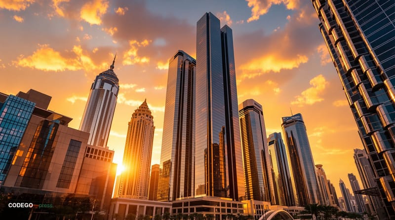 A cinematic editorial photograph of Dubai's iconic financial district skyline at golden hour, featuring the gleaming towers o