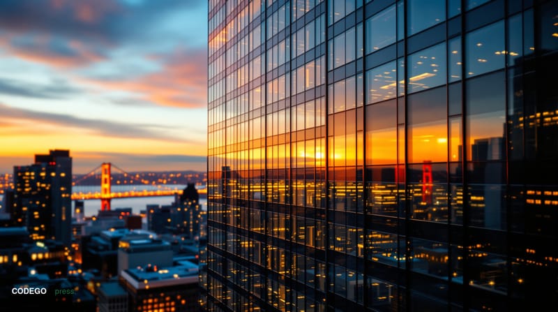 A cinematic editorial photograph showcasing Uber's San Francisco headquarters building in the foreground with the distinctive