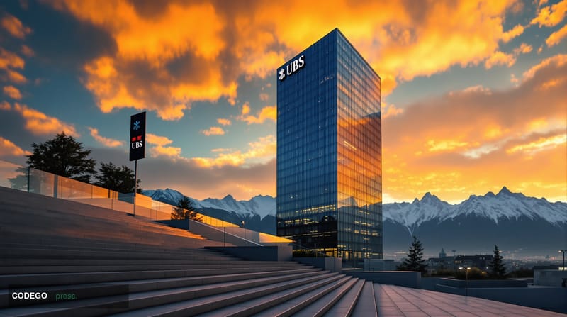 A cinematic editorial photograph capturing the imposing exterior of UBS's headquarters building in Zurich, Switzerland, shot 
