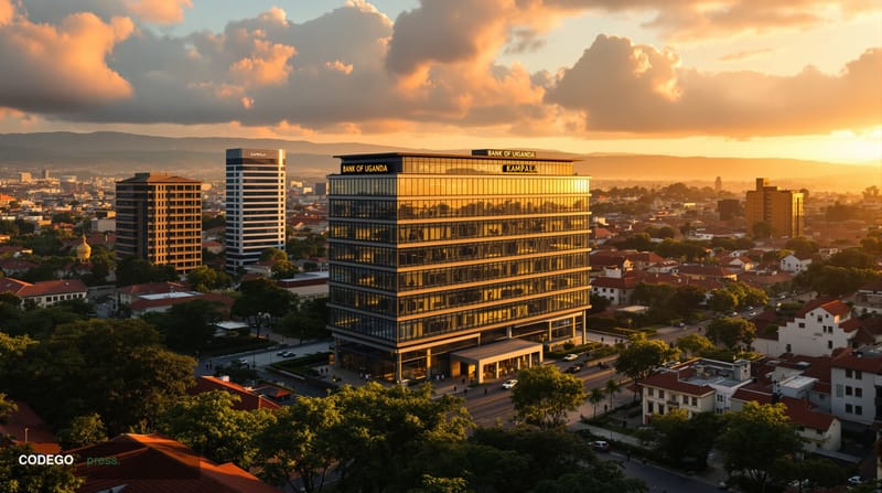 A photorealistic wide-angle shot of Kampala, Uganda's skyline during golden hour, featuring the distinctive Bank of Uganda he