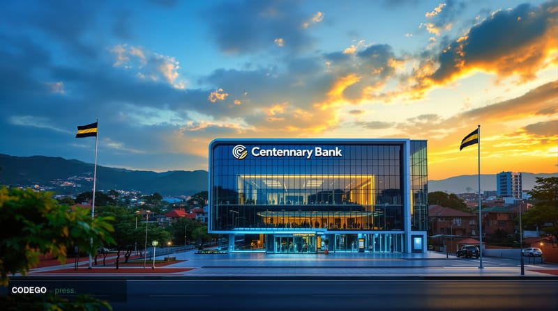A cinematic editorial photograph of a modern Ugandan bank headquarters in Kampala, featuring contemporary glass and steel arc