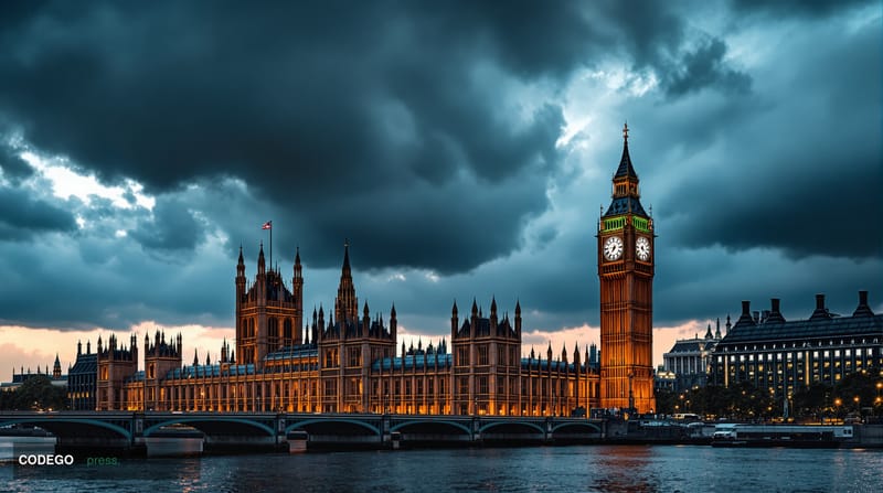 A dramatic cinematic photograph of the Houses of Parliament and Big Ben in London's Westminster district during the golden ho