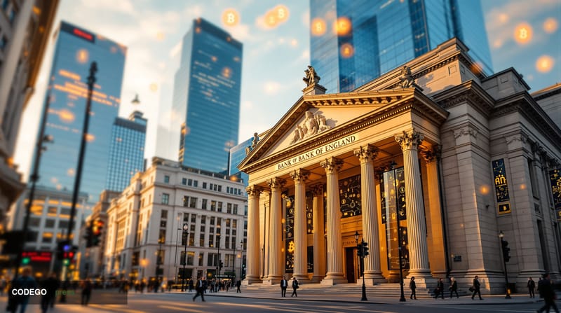 A photorealistic editorial photograph showing the iconic Bank of England building on Threadneedle Street in London's financia