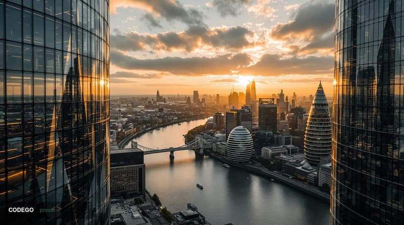 A cinematic aerial view of London's financial district (Canary Wharf) at dawn, with the towering glass headquarters of major 