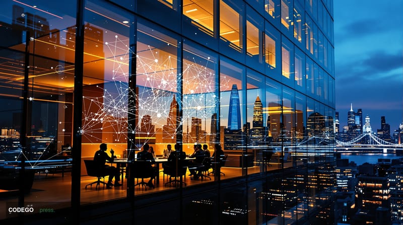 A striking photorealistic editorial photograph showing the convergence of fintech and gaming industries in London's financial