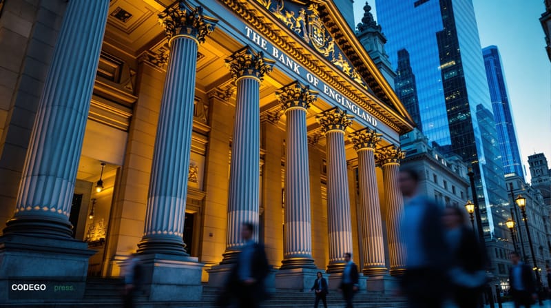 A cinematic editorial photograph capturing the imposing neoclassical facade of the Bank of England on Threadneedle Street in 