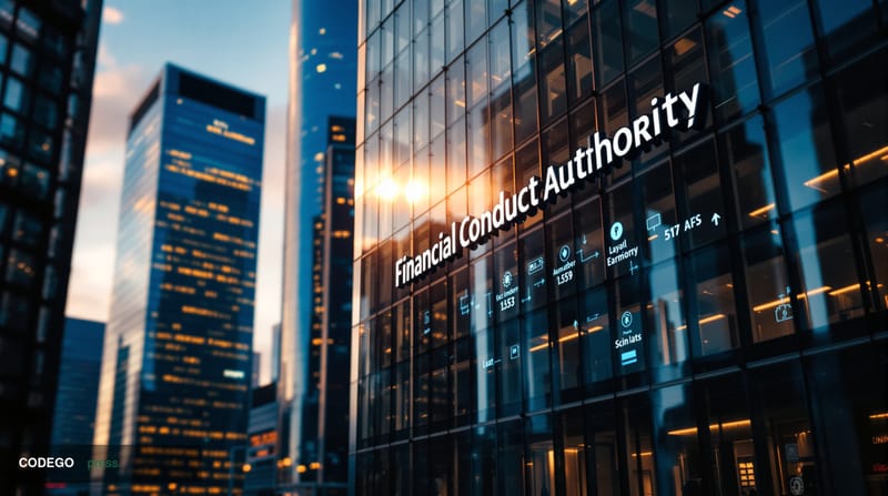 A dramatic editorial photograph showing the iconic glass-fronted headquarters of the Financial Conduct Authority in London's 