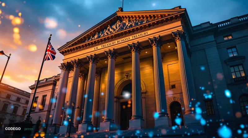 A dramatic photorealistic editorial photograph showing the imposing facade of the UK Treasury building in Westminster, London