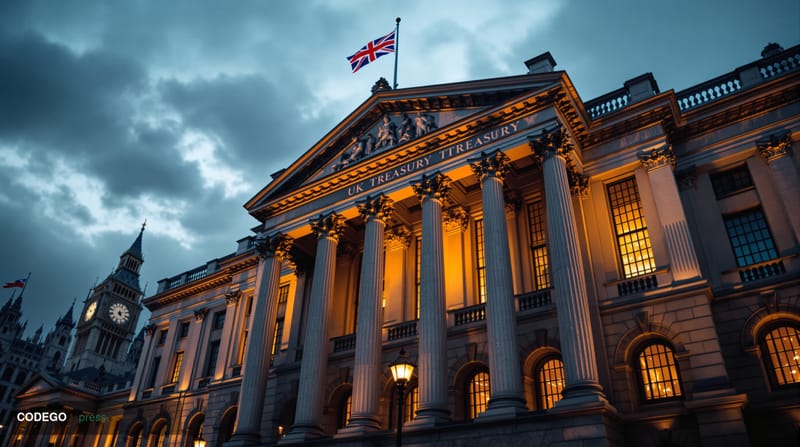 A dramatic editorial photograph showing the imposing neoclassical facade of the UK Treasury building in Westminster, London, 
