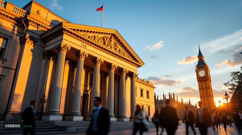 A photorealistic editorial photograph showing the UK Treasury building facade in London with its iconic neoclassical architec