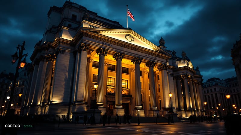 A cinematic editorial photograph of the UK Treasury building in London's Whitehall district, captured from a low angle with d