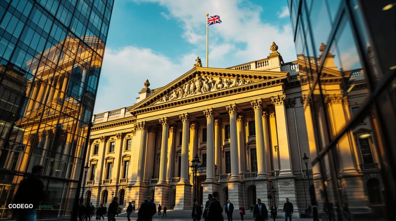A cinematic editorial photograph of the imposing neoclassical facade of HM Treasury building on Whitehall in London, captured