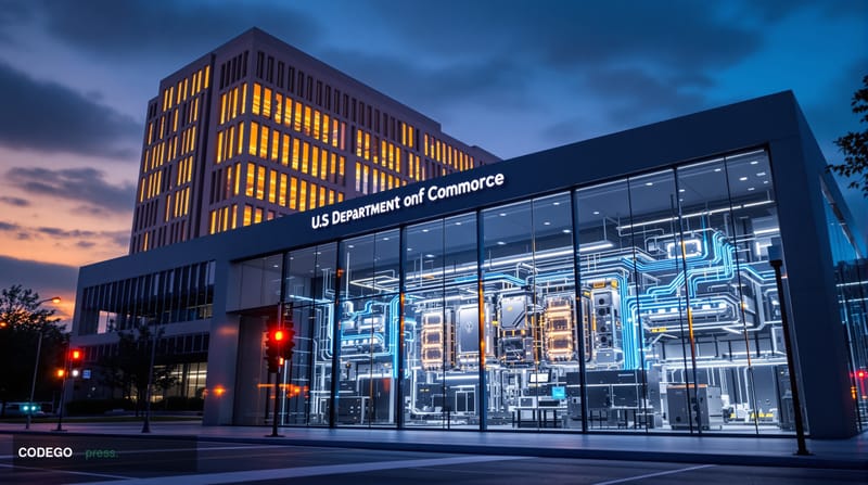A photorealistic editorial photograph showing the imposing modernist facade of the <a href="https://www.commerce.gov" target=