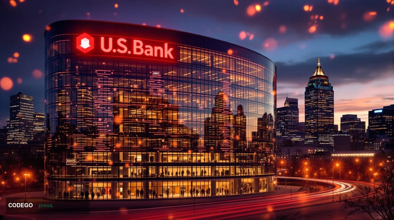 A cinematic editorial photograph showcasing U.S. Bank's corporate headquarters in Minneapolis with the distinctive curved gla