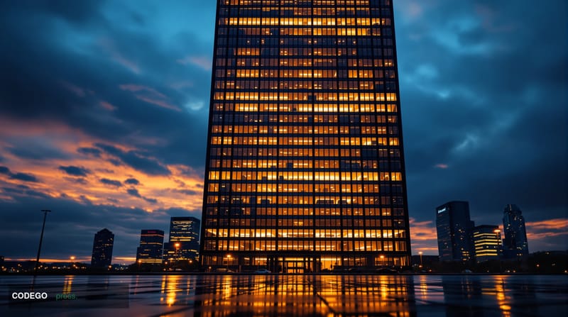 A photorealistic editorial photograph showing the iconic U.S. Bank Plaza tower in Minneapolis rising against a dramatic twili