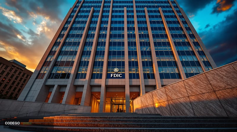 A cinematic editorial photograph of the imposing Federal Deposit Insurance Corporation headquarters building in Washington D.