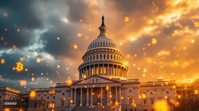 A dramatic editorial photograph of the United States Capitol building in Washington DC at golden hour, with the iconic dome p
