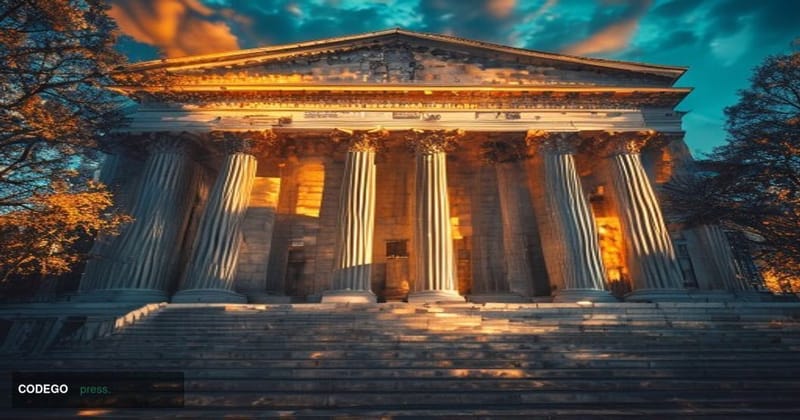 A cinematic editorial photograph showing the iconic Federal Reserve Building in Washington DC at golden hour, with dramatic c