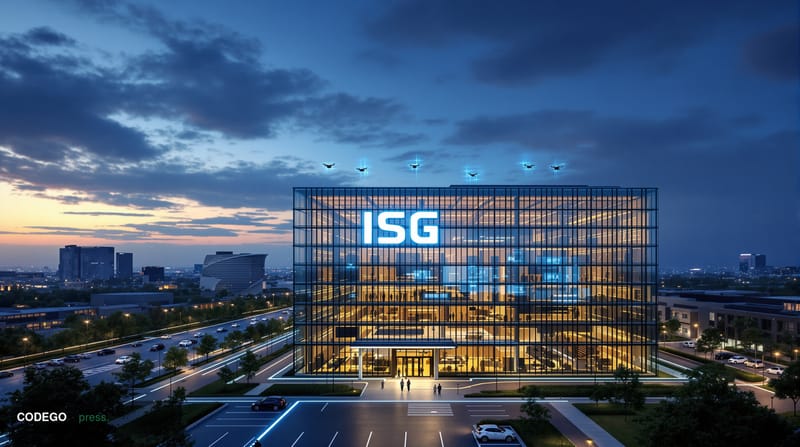 A photorealistic wide-angle view of a modern American corporate campus at dusk, featuring a prominent glass and steel headqua