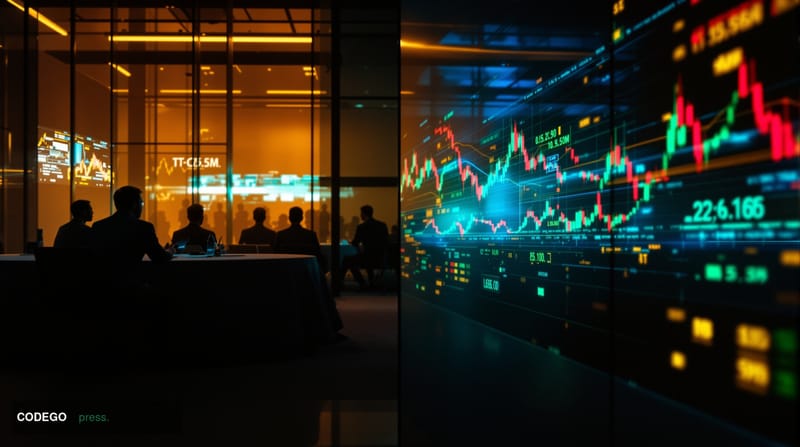 A cinematic editorial photograph capturing the intersection of geopolitics and cryptocurrency markets. The scene shows a spli