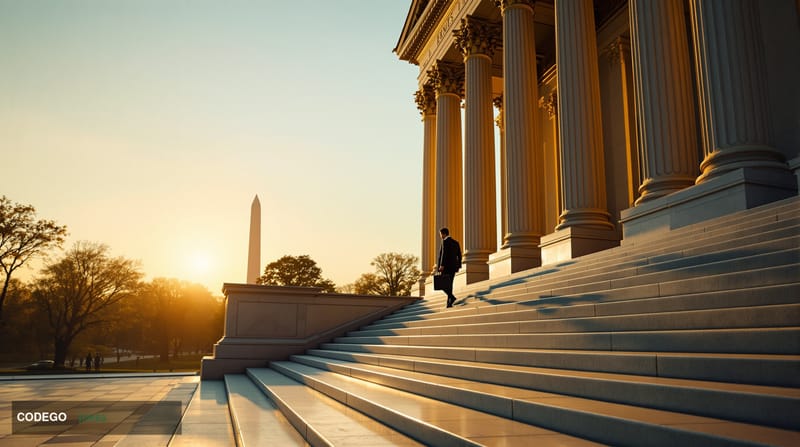 A dramatic photorealistic editorial photograph showing the imposing facade of the US Treasury building in Washington DC at go