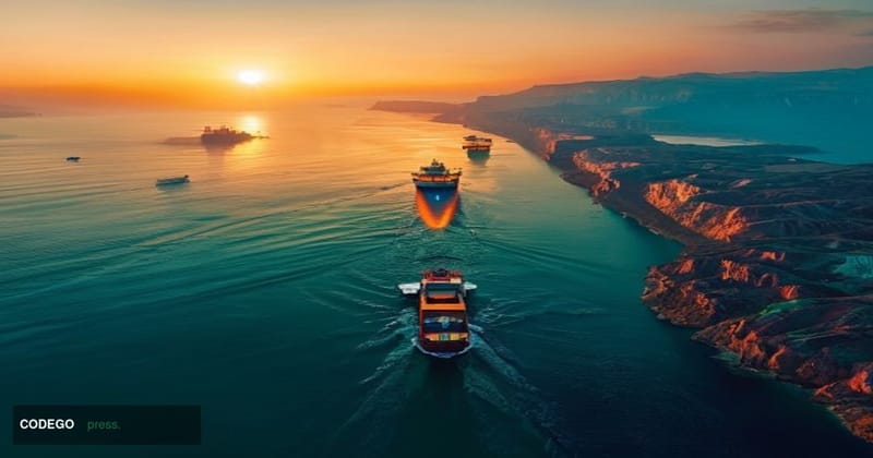 A cinematic aerial view of the Strait of Hormuz at golden hour, showing the narrow waterway between Iran and Oman with multip