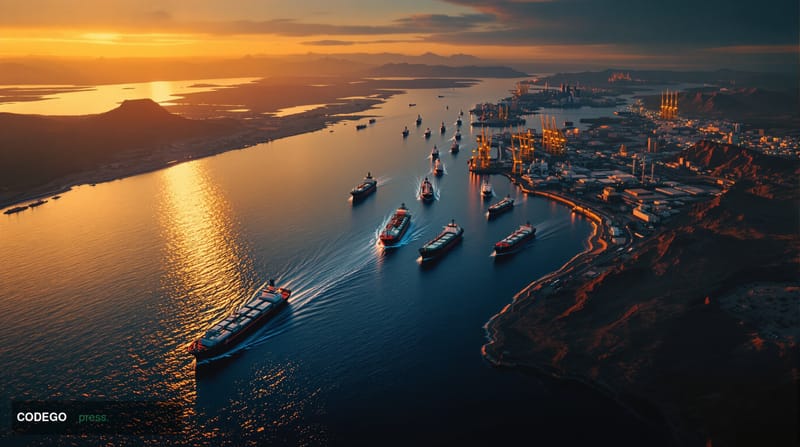 A photorealistic editorial photograph capturing the strategic importance of the Strait of Hormuz from an elevated aerial pers