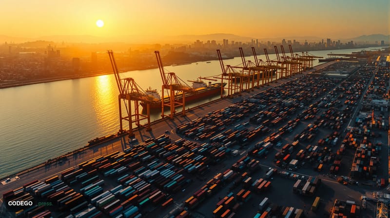 A dramatic photorealistic editorial photograph capturing the Bandar Abbas port complex at golden hour, showing the strategic 