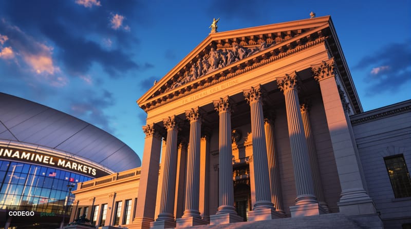 A photorealistic editorial photograph showing the imposing neoclassical facade of the CFTC headquarters building in Washingto