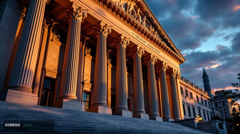 A photorealistic editorial photograph of the US Treasury Department building in Washington DC, captured from a low angle show