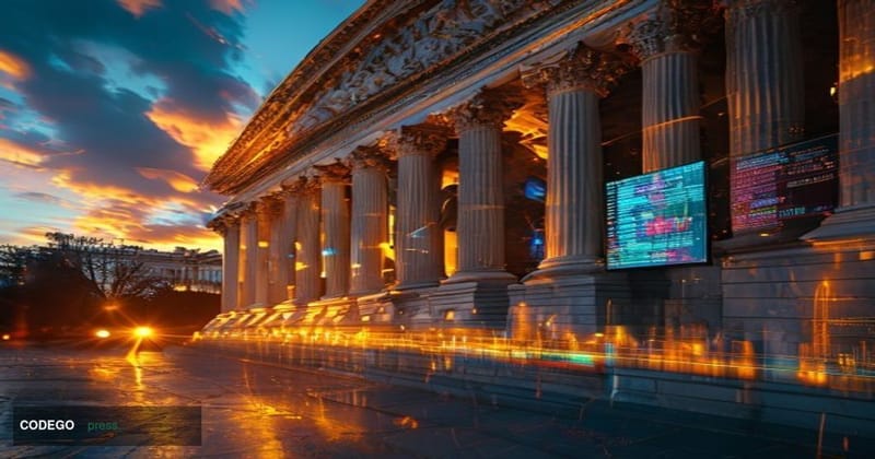 A dramatic editorial photograph showing the imposing facade of the US Treasury Department building in Washington DC at dusk, 