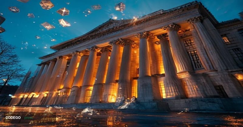 A cinematic editorial photograph showing the imposing facade of the US Treasury Department building in Washington DC at dusk,