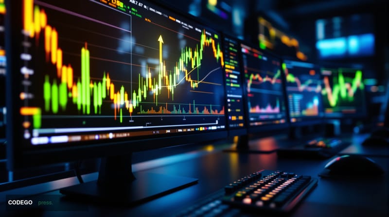 A photorealistic editorial photograph capturing the digital cryptocurrency trading environment with multiple computer monitor