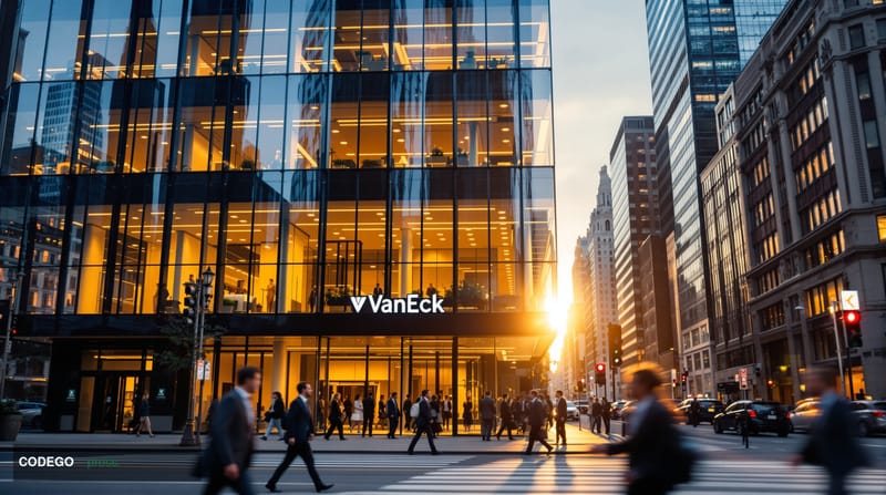 A cinematic editorial photograph of VanEck's corporate headquarters in New York City, featuring the distinctive glass and ste