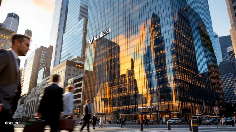 A photorealistic editorial photograph showing the VanEck headquarters building in New York City's financial district, with th