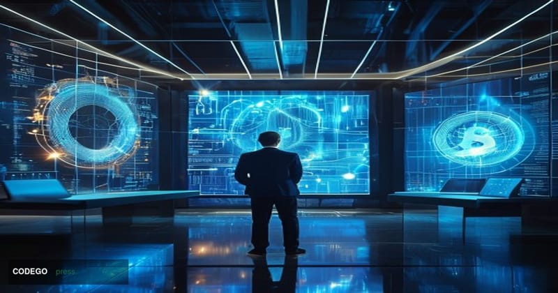 # Image Prompt

A sleek modern cryptocurrency exchange floor bathed in cool blue and silver lighting, featuring three distinc