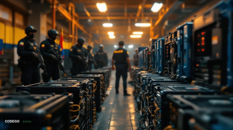 A dramatic photorealistic editorial news photograph showing Venezuelan law enforcement officers in tactical gear standing gua