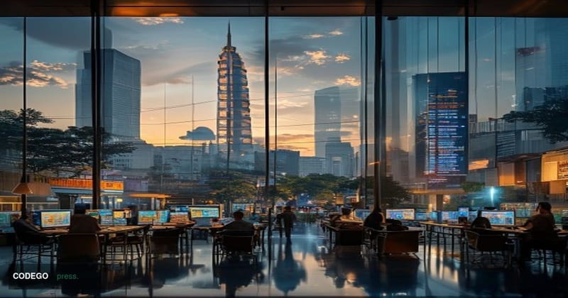 A photorealistic editorial photograph showcasing Vietnam's financial modernization through the lens of this groundbreaking pr