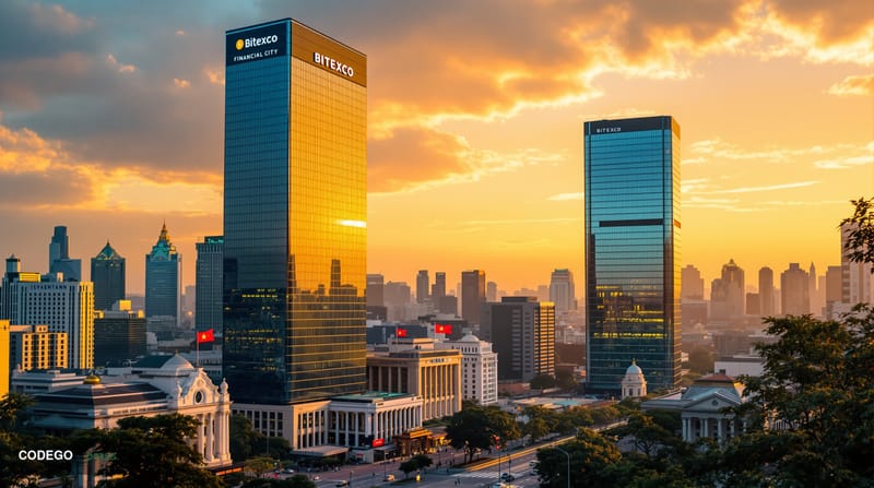 Photorealistic editorial photograph showing Vietnam's distinctive skyline featuring Ho Chi Minh City's Bitexco Financial Towe
