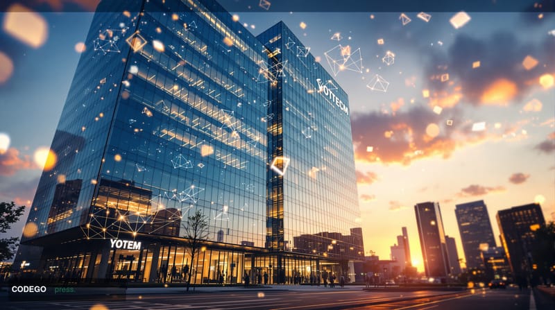 A photorealistic editorial photograph showing Visa's corporate headquarters or regional offices with a sophisticated technolo