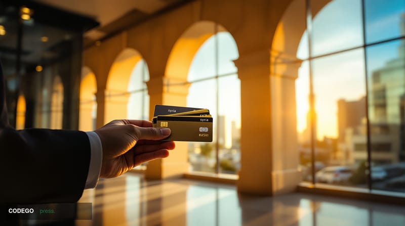 A photorealistic editorial photograph capturing the historic return of international payment networks to Syria. The scene sho